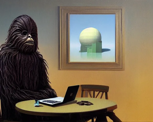 Image similar to wookiee at home trading crypto. the charts are at all time highs, gains, green charts, painting by rene magritte, grant wood and frank frazetta, 3 d rendering by beeple, wlop