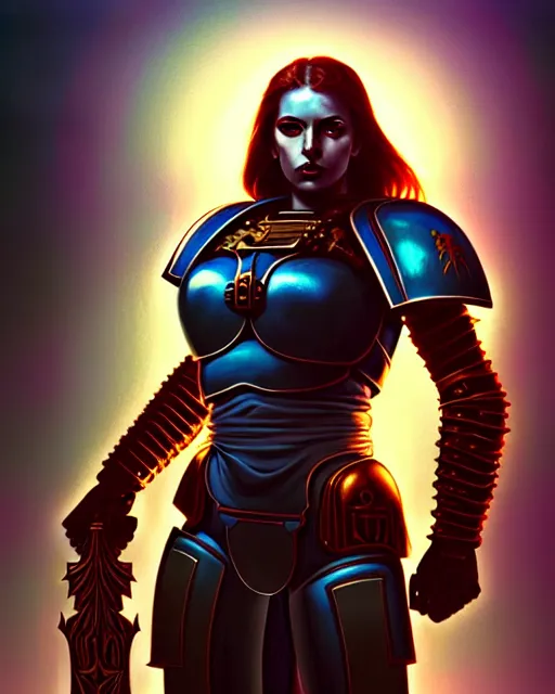 Image similar to stunningly beautiful warrior queen, full body, intricate impractical female space marine armor, digital art, middle shot, cinematic lighting, studio quality, symmetrical eyes, artgerm, joshua middleton, rafael albuquerque, cyberpunk lighting, art style by kevin siembieda