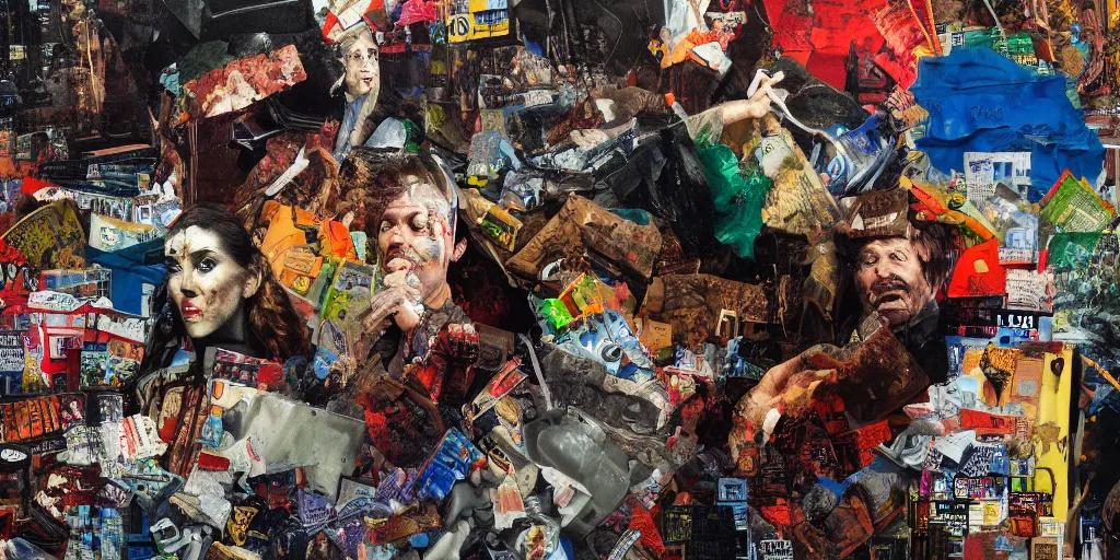 Image similar to mad trash bags, collage, acrylic on canvas, muralism, expressionism movement, high resolution, cinematic, unreal 6 breathtaking detailed, breathtaking detailed, by blake neubert