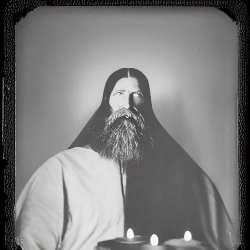 Image similar to trail _ camera _ photo _ of _ a _ breaton monks looking like rasputin with lit candles _ realistic _ spooky _ grimdark _ night _ black _ and _ white, polaroid