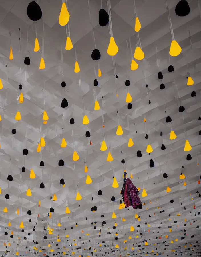 Image similar to high fashion close - up of a slick fashionable zara raincoat floating suspended mid - air over a wet rainy contemporary lighting art installation designed by olafur eliason, okuda, shot by steven meisel, denis villeneuve, wes anderson, lily frank, symmetry, rule of thirds