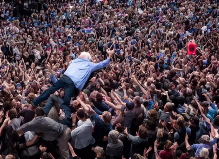 Prompt: publicity photo still of bernie sanders crowd surfing live on stage, 8 k, live concert lighting, mid shot