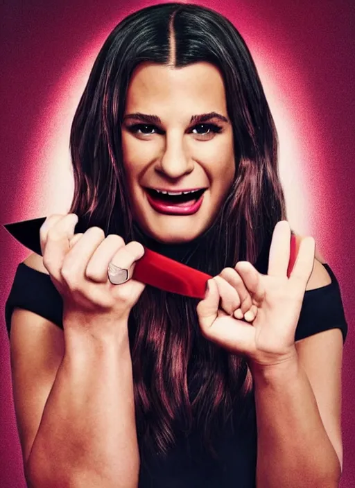 Image similar to glee sequel poster where rachel berry is the villain, evil bloody serial killer lea michele in rags with knife cackling maniacally, with text, dark disturbing version of glee, airing in 2 0 2 3