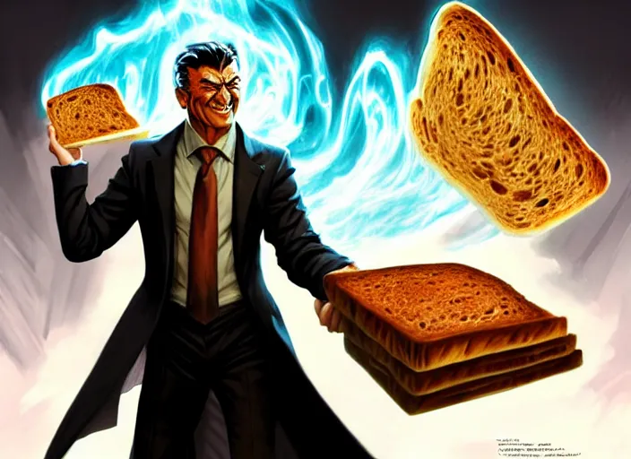 Prompt: magic : the gathering fantasy character concept art of the great businessman by marco bucci and frank frazetta, high resolution. a clear portrait of powerful, business man wearing a business suit, holding a magical briefcase overflowing with bread and toast swirling around, fantasy coloring, intricate, digital painting, artstation, smooth, sharp focus