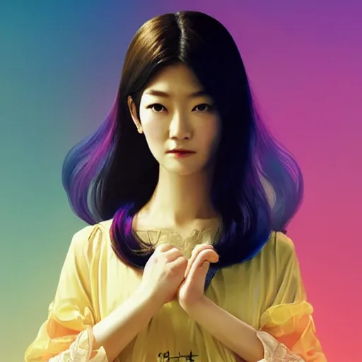 Prompt: half - electric jun ji hyun as belle with cute - fine - face, pretty face, oil slick multicolored hair, perfect face, extremely fine details, volumetric lighting, dynamic background, poster by ilya kuvshinov, mamoru hosada, katsuhiro otomo