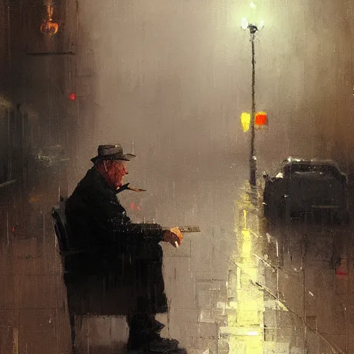 Prompt: lonely old man smoking a cigar, rainy night, painting by jeremy mann