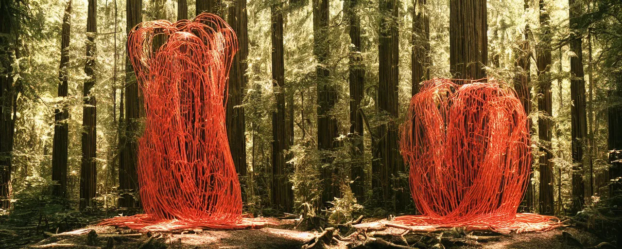 Image similar to a giant spaghetti sculpture, hit by a ray of sunshine, in a redwood forest, canon 5 0 mm, cinematic lighting, photography, retro, film, kodachrome