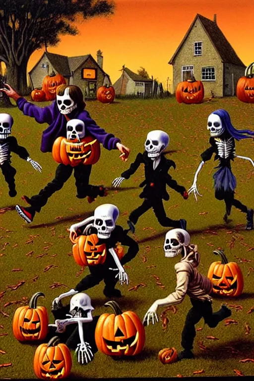 Image similar to a hyperrealistic painting of an autumn village trick or treaters being chased by witches and skeletons, by chris cunningham and richard corben, highly detailed, vivid color,