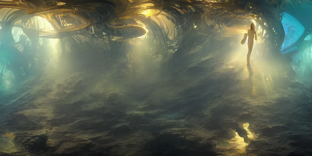 Image similar to an underwater landscape in the abyss, futuristic cathedral underwater, photorealistic, people, fishes, light rays from above the surface, realistic paint, specular light, high contrast, highly detailed, 4k, shallow depth of field, cinematic light, concept art, artstation, art by Enrich Victor, Alphonse Mucha