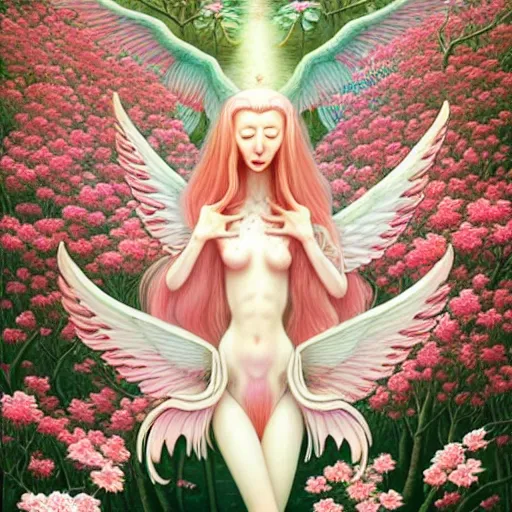 Image similar to a beautiful pale elf with wings bursting from her back, pink, flower blossoms, hyper detailed, kawaii, by jacek yerka, lewandowski, hopper and gilleard, ryden, wolfgang lettl, hints of yayoi kasuma