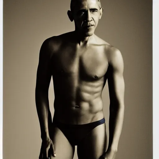 Prompt: Photo of Barack Obama in swimsuit, soft studio lighting, photo taken by Anne Liebovitz for Abercrombie and Fitch, award-winning photograph, 24mm f/1.4