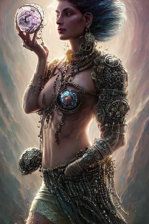 Prompt: a fisheye lens render of an alluring post apocalyptic goddess with wearing ornate silver and gemstones and crystal clothing surrounded by flowing liquid gallium jellyfish and sacred geometry, perfect body and face, gorgeous, cinematic, beautifully lit, by craig mullins, by tomasz alen kopera and peter mohrbacher, 3 d, trending on artstation, octane render, 8 k