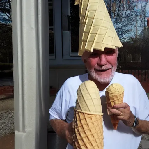 Image similar to a photograph of an old man wearing an elaborate ice cream cone costume