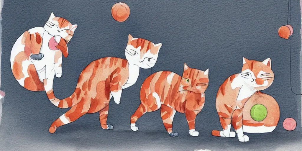 Image similar to watercolor illustration style, cute! cats training in gym