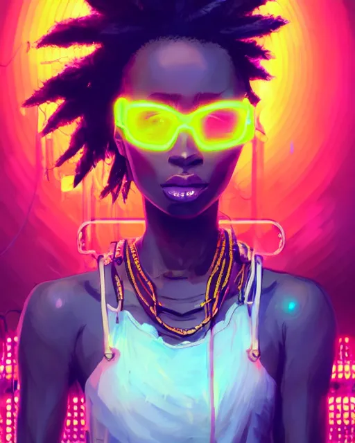 Prompt: kyoto animation, cool african lady wearing cyberpunk intricate warcore, neon lighting tubes, beautiful, detailed portrait, cell shaded, 4 k, concept art, by wlop, ilya kuvshinov, artgerm, krenz cushart, greg rutkowski, pixiv. cinematic dramatic atmosphere, sharp focus, volumetric lighting, cinematic lighting, studio quality