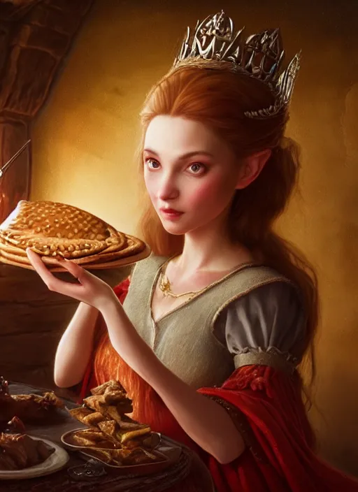 Prompt: highly detailed closeup portrait of a fairytale medieval princess eating meat pies, unreal engine, greg rutkowski, nicoletta ceccoli, mark ryden, earl norem, lostfish, global illumination, god rays, detailed and intricate environment