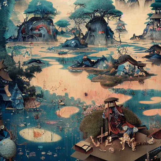 Image similar to Japanese Hills by Hieronymus Bosch and James Jean, Ross Tran, hypermaximalist, 8k, surreal oil painting, highly detailed, dream like, masterpiece