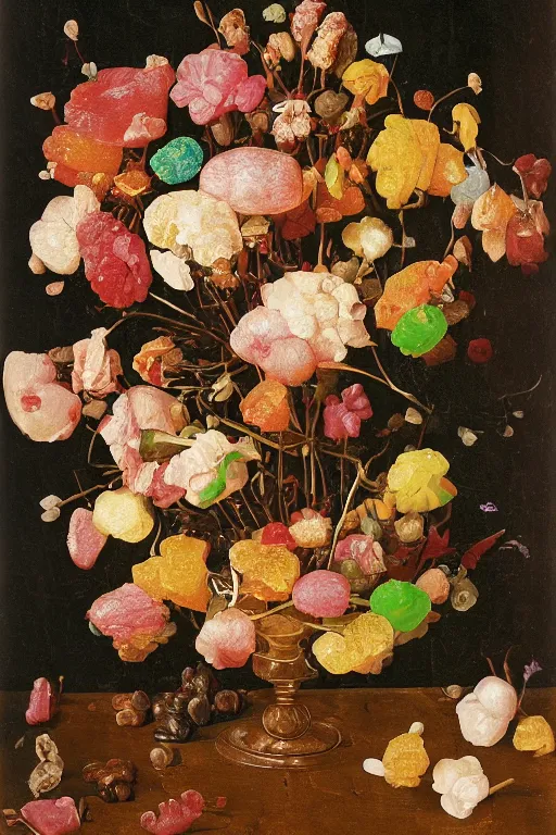 Prompt: still life of a bouquet of flowers made of gummy bears and jelly beans, Northern Renaissance,