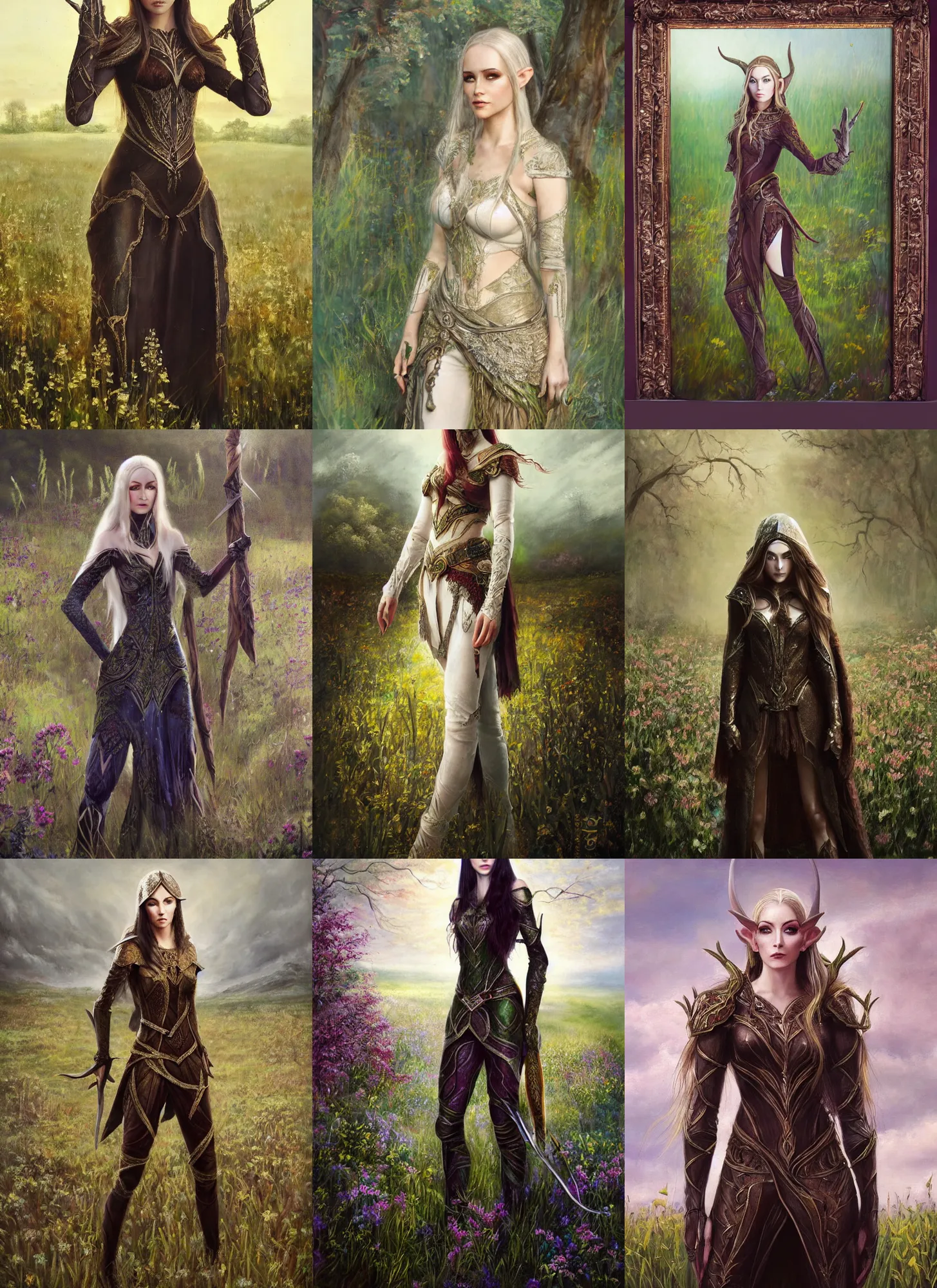 Prompt: a soft focus oil canvas painting of beautiful full body concept art, ultra beautiful face and centered eyes, elven female rogue wearing full intricate clothing standing in a field