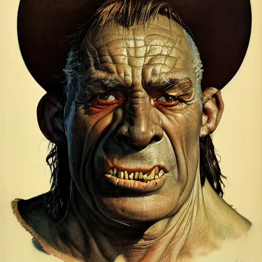 Image similar to frontal portrait of a old orc, by norman rockwell