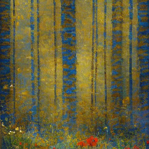 Image similar to eclectic by martin deschambault indigo. a land art of a beautiful landscape, delicate brushstrokes. peaceful & serene, with a gentle breeze blowing through the trees & flowers. colors are muted & gentle, calm & tranquility. well balanced & harmonious. color & composition, pleasing to the eye & calming to the soul.