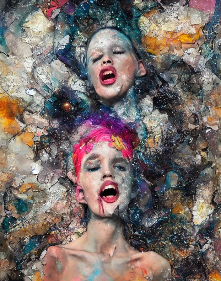 Prompt: screaming celestial orgasm of sophisticated bodies detailed mixed media collage with canvas texture in style of contemporary art, punk art, hyperrealistic beautiful face, photorealism, expressionism, masterpiece, perfect composition, spectacular quality, intricate oil details, broken glass