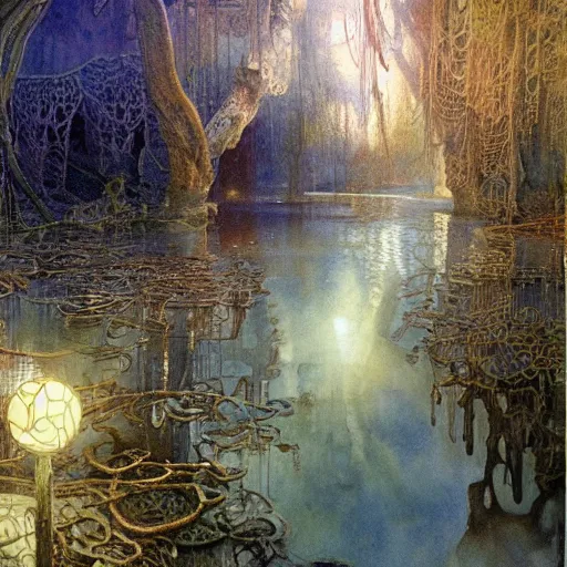 Image similar to A Mystic River, The River Is Full of Lights, Mysticism, Artwork, Watercolor, Cinematic, Exposure, Slit-Scan Photography, 4k, Ultra-HD, Incandescent, Ray Tracing Reflections, insanely detailed and intricate, elegant, ornate, hyper realistic, super detailed by Dorothea Tanning, by Bruce Pennington