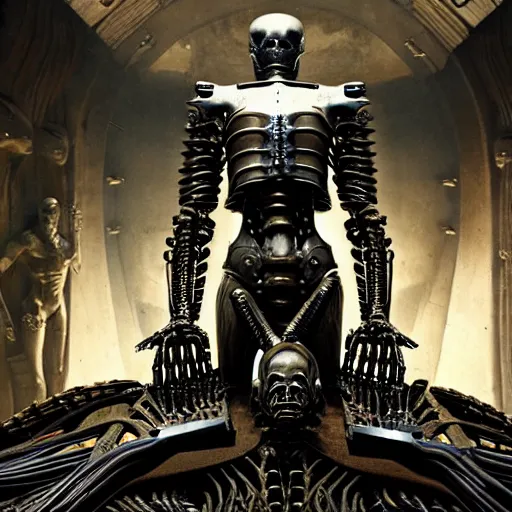 Image similar to still frame from Prometheus movie by giger, necron lord skorpekh editorial by Malczewski, biomechanical armoured knight by Wayne Barlowe, ornate elaborate complex artifact of annihilation by Alan merrett