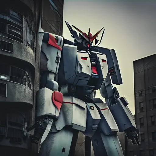 Prompt: “A wide shot of a gigantic Gundam in an urban city, dreamcore aesthetic, taken with a Pentax K1000, Softbox Lighting, 85mm Lens”