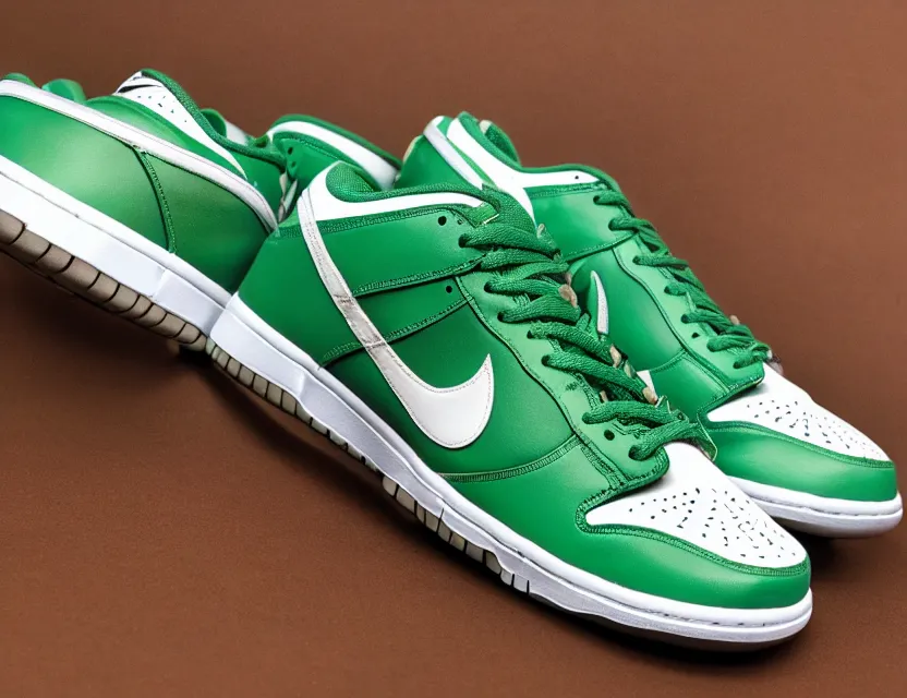 Image similar to a press photograph of nike dunk low pine green and white, size 1 0, white background