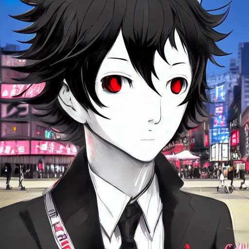 Image similar to Ren Amimiya from persona 5 in the Shibuya Crossing, relaxed, anime portrait, highly detailed, trending on art station