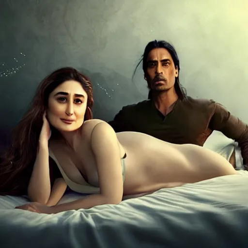 Prompt: kareena kapoor with arjun rampal in the bed, au naturel, hyper detailed, digital art, trending in artstation, cinematic lighting, studio quality, smooth render, unreal engine 5 rendered, octane rendered, art style by klimt and nixeu and ian sprigger and wlop and krenz cushart.