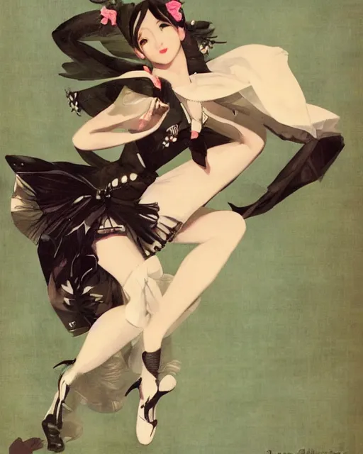 Image similar to hatsune Miku dancing by Gil Elvgren and Enoch Bolle