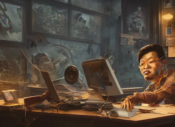 Image similar to an insanely detailed painting of an asian man wearing a homemade superhero costume, sitting at a desk, staring seriously at the computer and typing, in the style of peter mohrbacher, james jean, dramatic lighting and composition, surreal background, octane render, pixar, trending on artstation, concept art, comic book, view from behind, 8 k