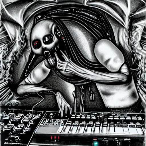 Image similar to an alien djing in a hardcore rave in the style of Giger. 35mm photo realistic