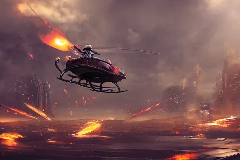 Image similar to futuristic autonomous helicopter with a flame cannon attached to the bottom, desolate metropolis, digital art, fantasy, trending on artstation, professional illustration, cgsociety, ultra detailed