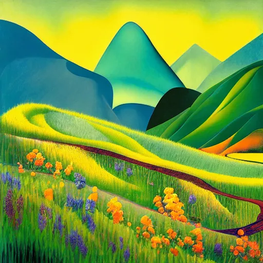 Image similar to mountain landscape in spring, flowers, teal landscape, dreamy light, sunny complementary palette, by and jacek yerga and tamara de lempicka and jesse king, pop surrealist, wiccan