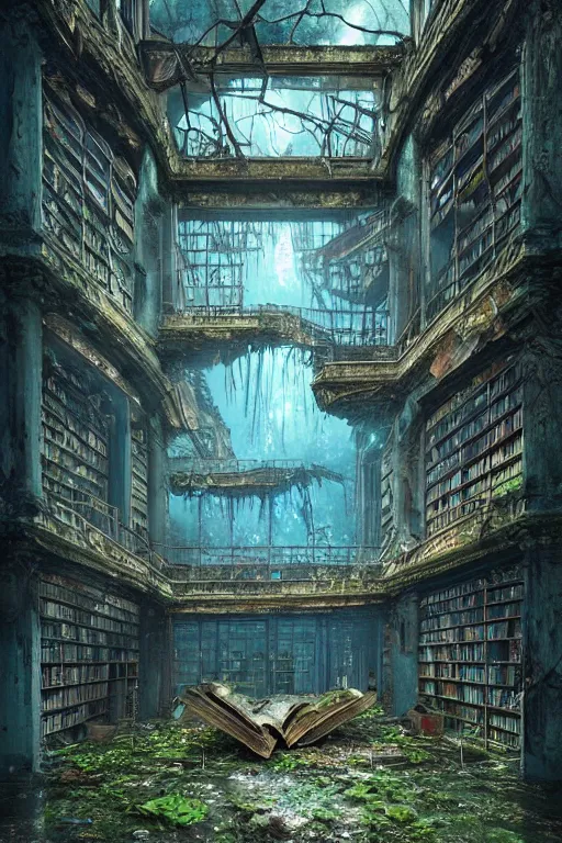 Prompt: a ( ( decaying old library ) ) with a rainforest growing inside, blue - glowing magical wisps, highly detailed, intricate detail, realistic shaded lighting, dramatic scenery, beautiful 3 d rendering, octane render, hyperrealistic, trending on artstation, by greg rutkowski and simon stalenhag