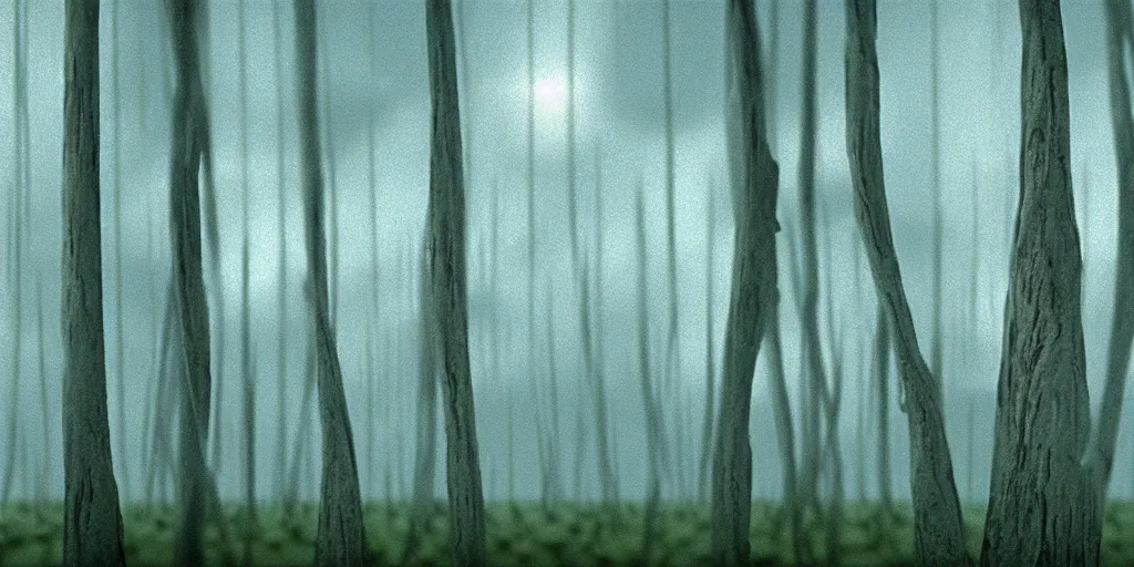 Prompt: trees from avatar movie fully wrapped in transparent polyethylene with light cloudy sky background, film still from the movie directed by denis villeneuve with art direction by zdzisław beksinski, close up, telephoto lens, shallow depth of field