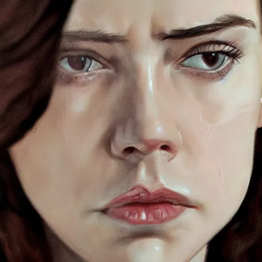 Image similar to frowning daisy ridley, head and shoulders portrait, extremely detailed masterpiece, one single continues line.