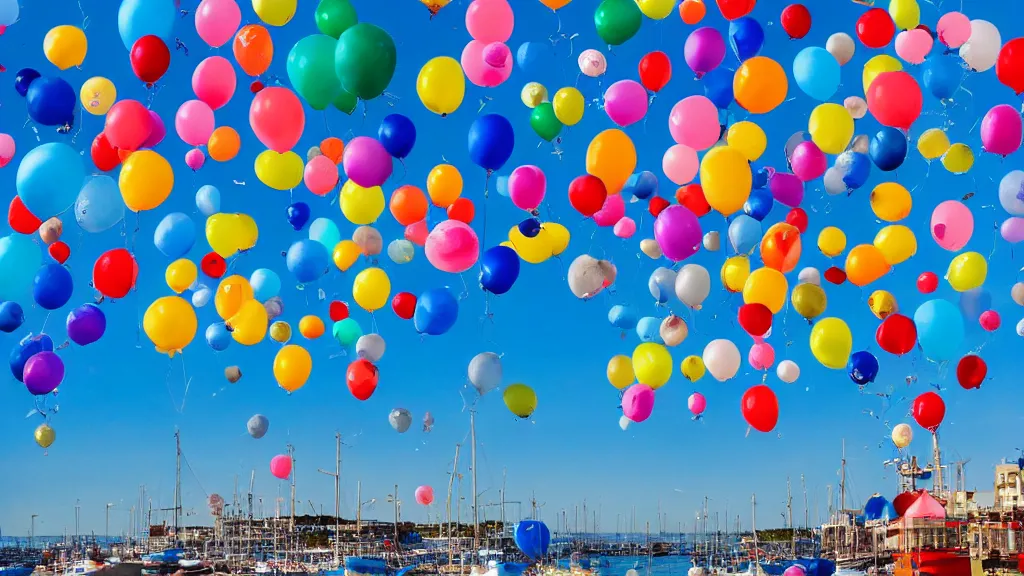 Image similar to photo of a lot of birthday balloons floating above a beautiful maritime port. sharp focus, highly - detailed, award - winning