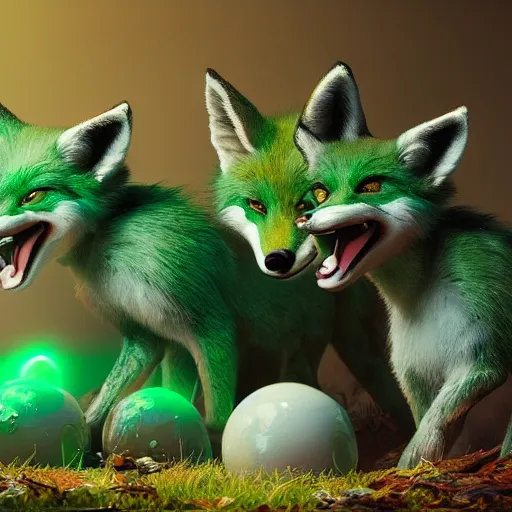 Image similar to A hyper real comic book style portait painting of a smiling green fox giving birth to three youngsters, unreal 5, hyperrealistic, octane render, cosplay, RPG portrait, dynamic lighting