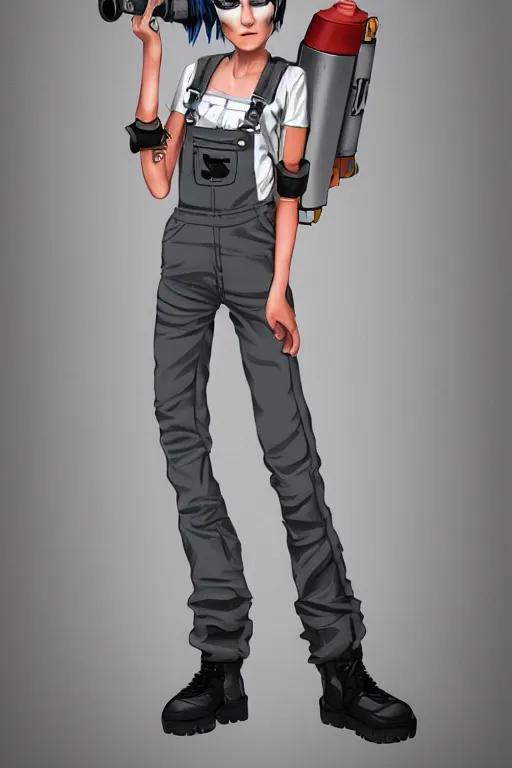 Image similar to an androgynous punk girl with short hair who is a mechanic wearing overalls, grey background, illustration, character concept design, trending on artstation