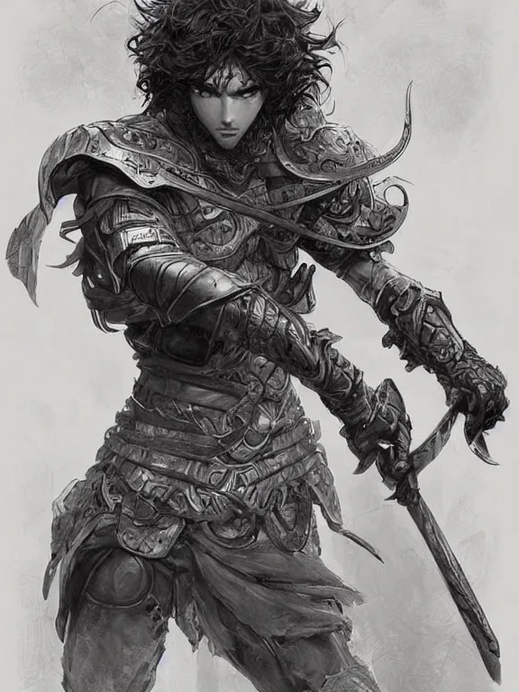 Prompt: picture of a teenager warrior, male, messy curly hair, early beard, skinny, simple armor, handsome features, highly detailed, detailed face, manga illustration, black and white, by artgerm, greg rutkowski, alphonse mucha