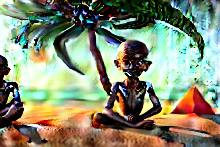 Image similar to gandhi with a big head and a small body, at the beach, sitting on the sand next to a campfire, with palm trees in the back, intricate detail, trending on artstation, sharp focus, illustration, caustics, octane render, radiant light, 4 k