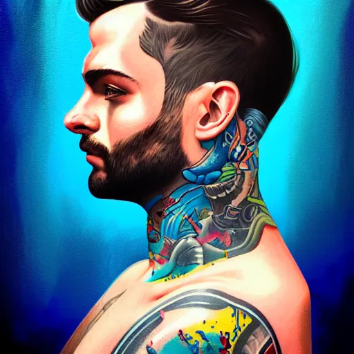 Image similar to a profile photo of a man with underwater helmet with tattoos on arm and neck, side profile in underwater, highly detailed, digital painting, artstation, illustration by Sandra Chevrier