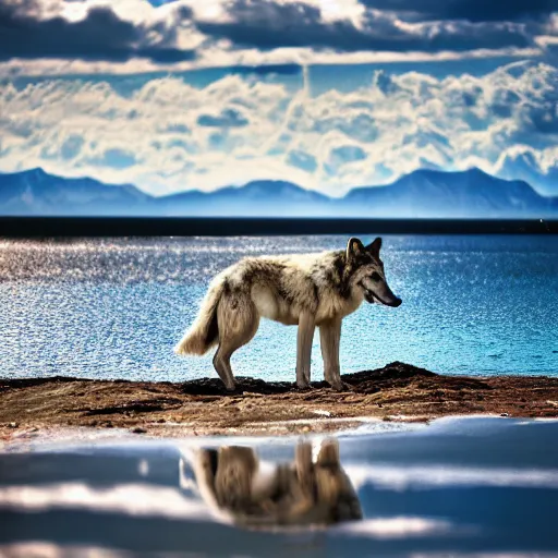 Image similar to professional photograph of a wolf standing on an island, blue clouds, highly detailed, high quality, HD, 8K