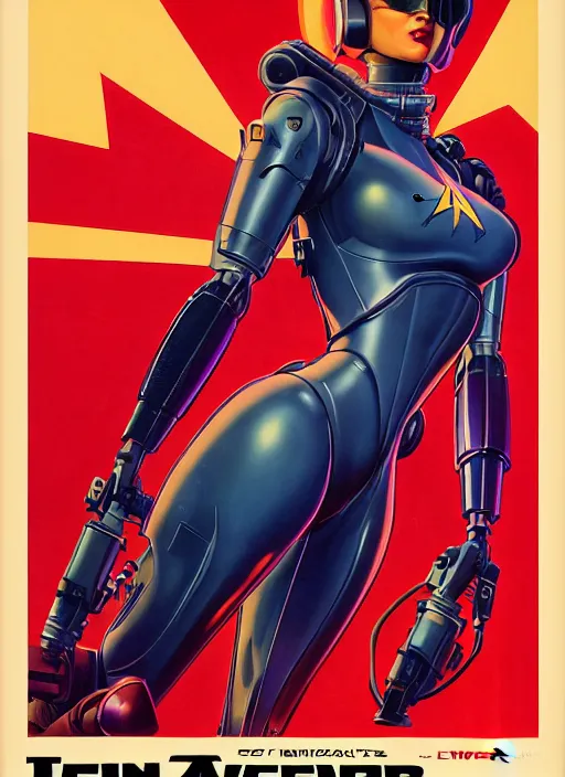 Image similar to american propaganda poster art. powerful cyberpunk pilot. portrait by jean giraud and anton otto fischer and john philip falter and will eisner and gil elvgren and pixar. full body. realistic proportions. science fiction d & d. overwatch, rb 6 s, cyberpunk 2 0 7 7, blade runner 2 0 4 9. cel shading. thick lines.