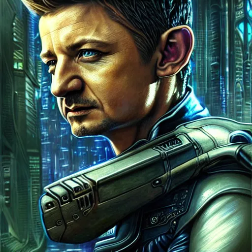 Prompt: portrait painting of a cyberpunk elven cop who looks like jeremy renner, ultra realistic, concept art, intricate details, eerie, highly detailed, photorealistic, octane render, 8 k, unreal engine. art by artgerm and greg staples and elsa beskow and brian froud and jessica rossier