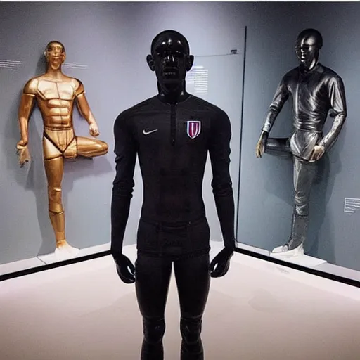 Image similar to “ a realistic detailed photo of a guy who is an attractive humanoid who is half robot and half humanoid, who is a male android, soccer player antoine griezmann, shiny skin, posing like a statue, blank stare, at the museum, on display ”